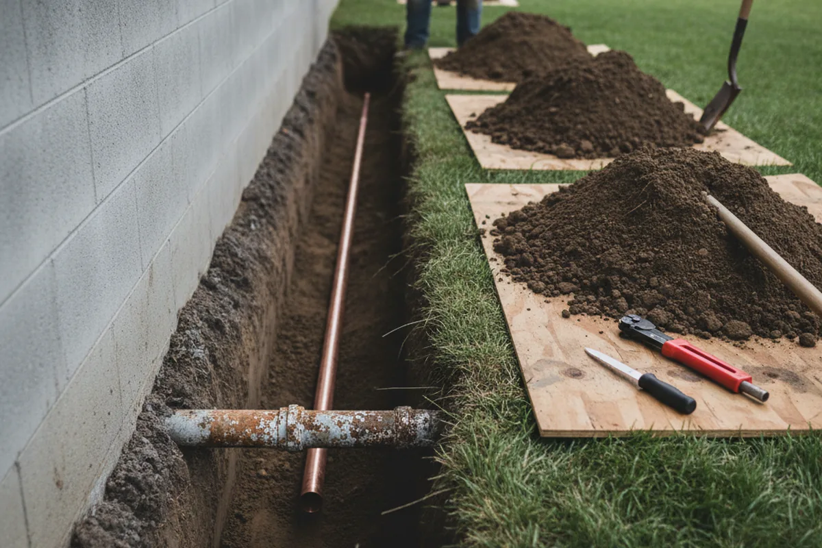Excavated water line trench during Sewer Line Repair in Somes Bar